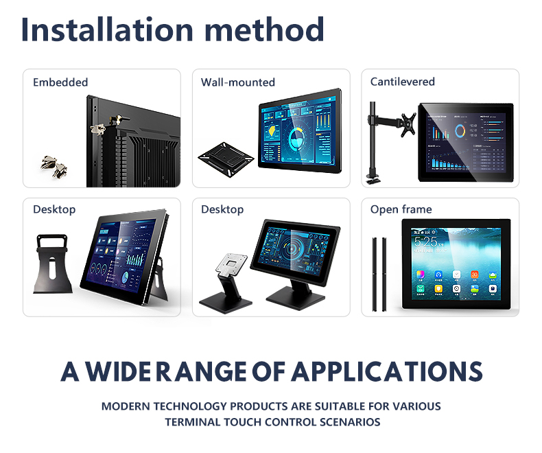 Industrial monitor mounting options: Embedded, VESA wall-mount, and desktop. Industrial monitor mounting options: Embedded, VESA wall-mount, and desktop.