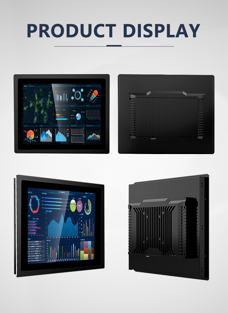 Front and rear views of a slim bezel industrial touch screen monitor. Front and rear views of a slim bezel industrial touch screen monitor.