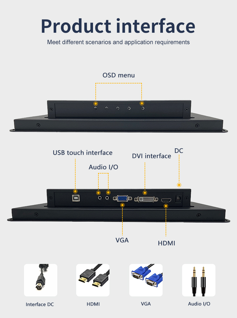 Industrial monitor I/O ports: HDMI, VGA, DVI, and USB touch interface. Industrial monitor I/O ports: HDMI, VGA, DVI, and USB touch interface.