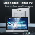 Embedded industrial panel PC front and back view with front USB and power button.