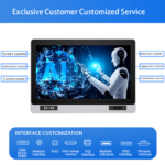 Customizable rugged industrial panel PC with a detailed list of custom interface and function options.
