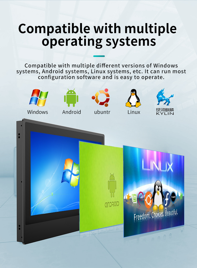 Multi-OS industrial panel PC compatible with Windows, Android, Ubuntu, and Linux systems.