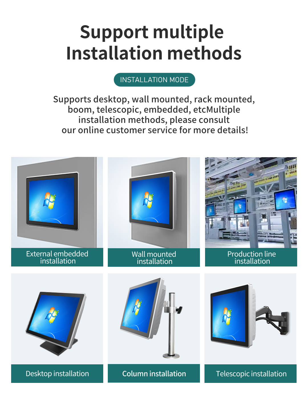Multiple mounting solutions for industrial PC: Embedded, VESA, and Wall-mount support. Multiple mounting solutions for industrial PC: Embedded, VESA, and Wall-mount support.