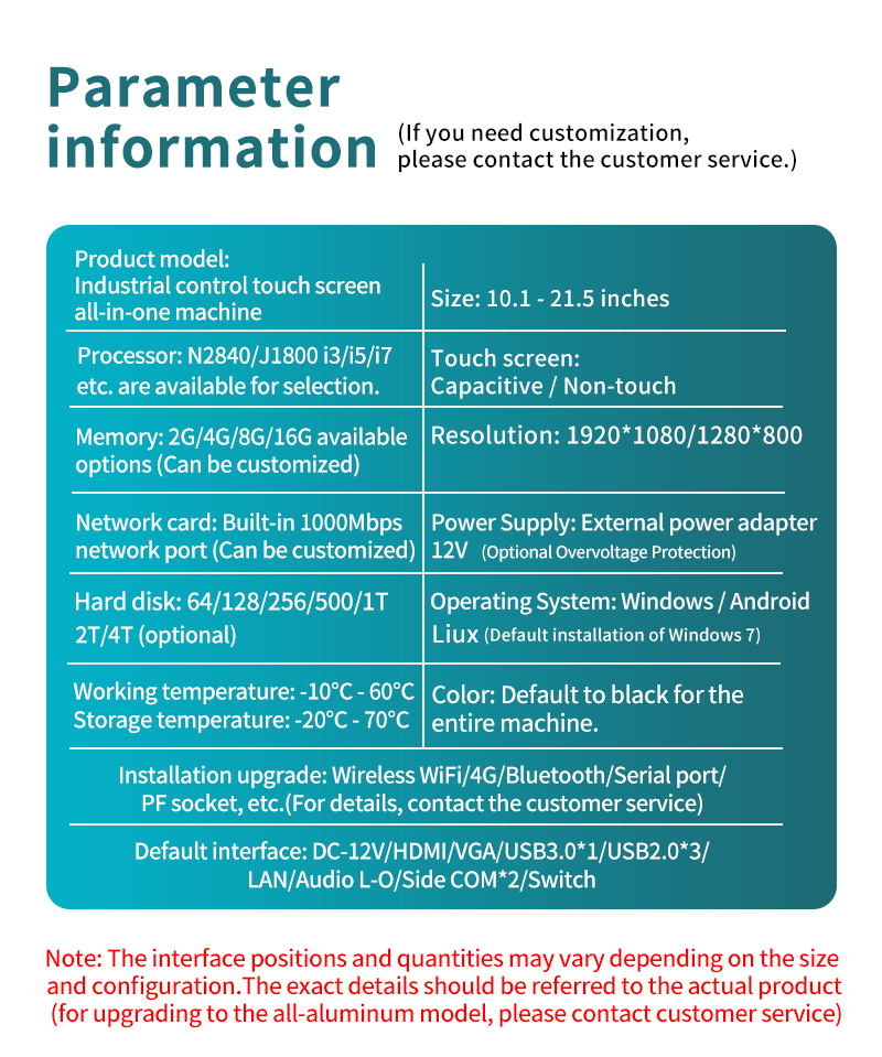 Technical specification sheet for 10.1 to 21.5 inch industrial all-in-one PCs featuring capacitive touch and IP65-rated front panels. Technical specification sheet for 10.1 to 21.5 inch industrial all-in-one PCs featuring capacitive touch and IP65-rated front panels.