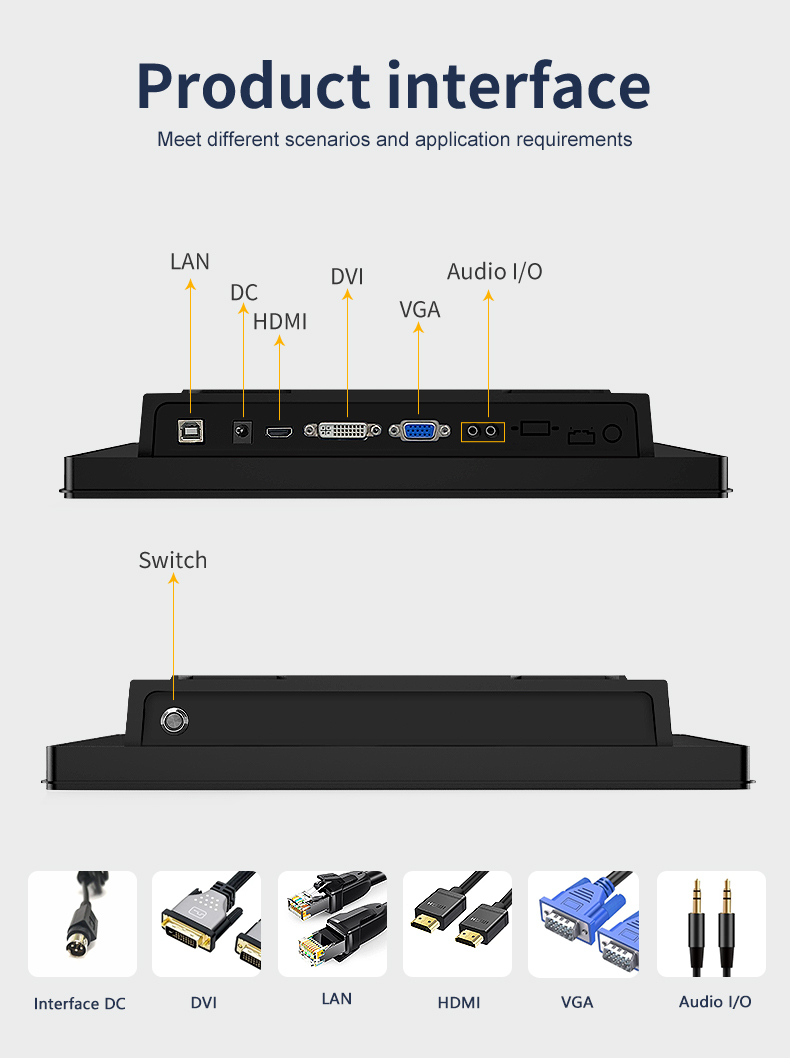 Rear I/O interface of industrial monitor with HDMI, VGA, and DVI ports for professional connectivity.