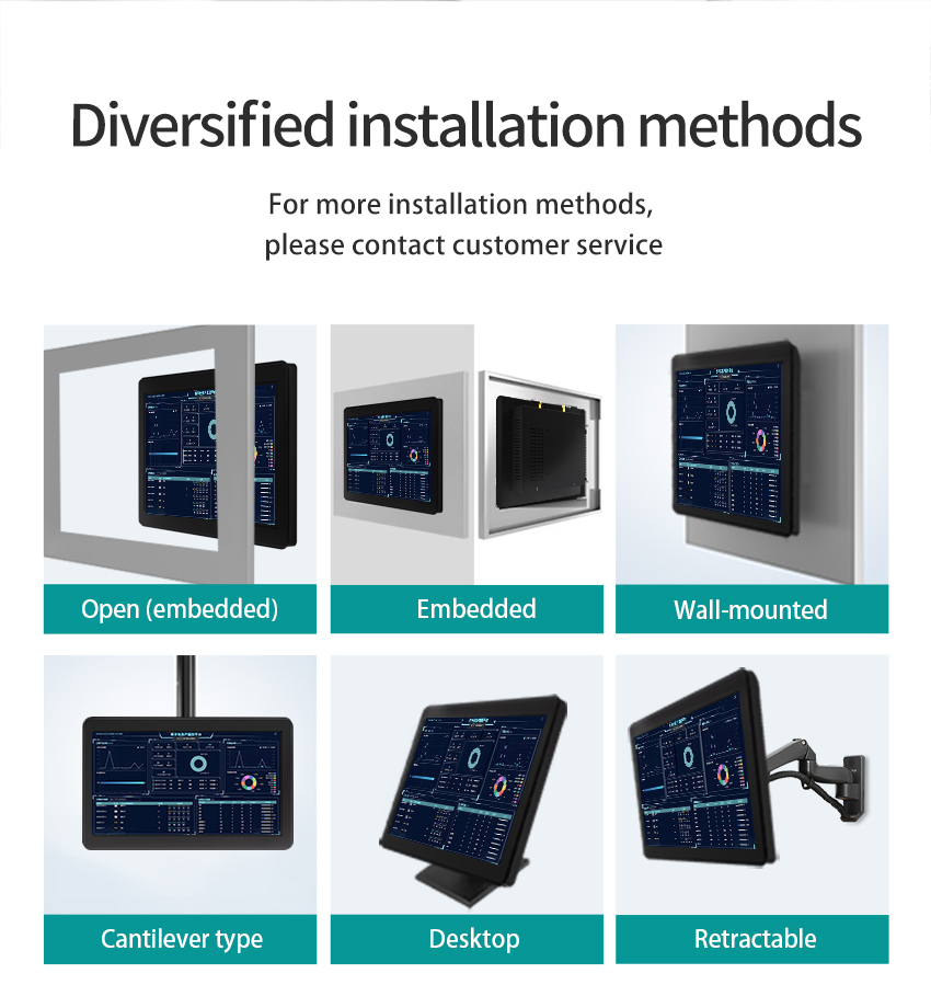 G2A Series Industrial Touch Panel PC versatile installation methods – embedded, wall-mounted, desktop, and cantilever options available G2A Series Industrial Touch Panel PC versatile installation methods – embedded, wall-mounted, desktop, and cantilever options available