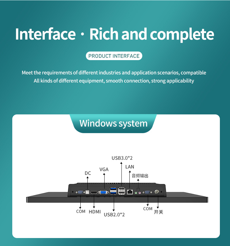 G3 Series Industrial Touch Panel PC rich interface options – DC, VGA, USB 3.0, LAN, HDMI, COM, and audio output for Windows systems