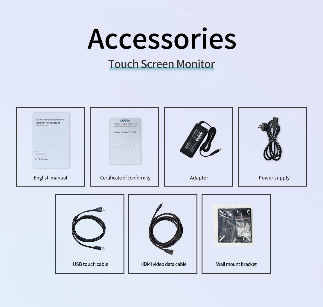 G3A Series Industrial Touch Panel PC accessories included – touch monitor, English manual, adapter, power supply, USB cable, HDMI cable, and wall mount bracket