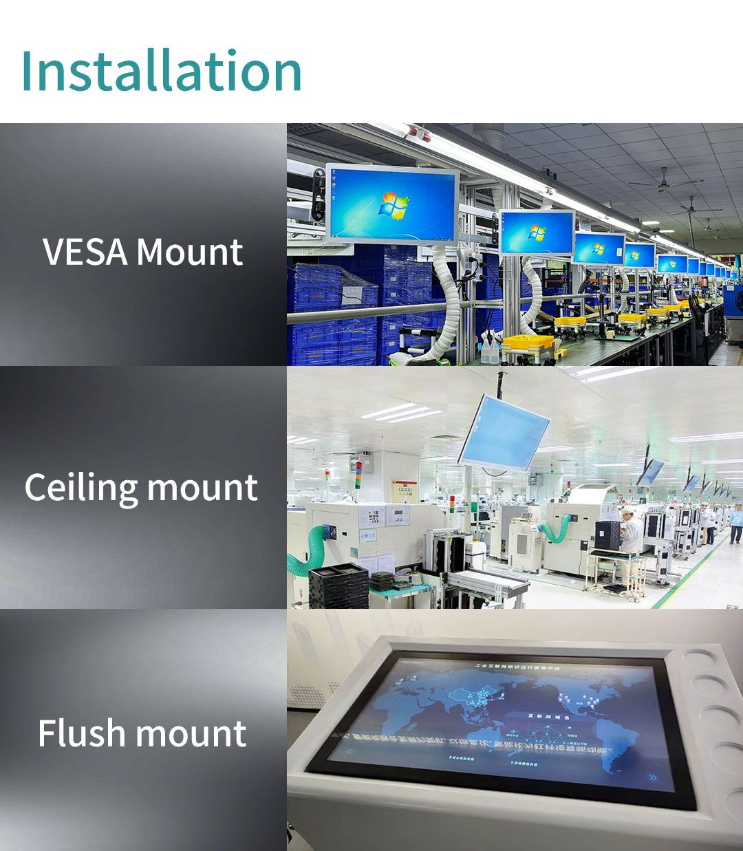 G3A Series Industrial Touch Panel PC installation types – VESA mount, ceiling mount, and flush mount for flexible deployment