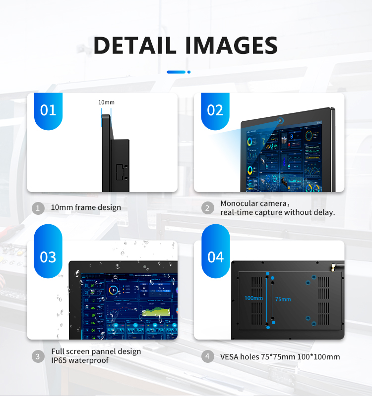 G3A-BS101-WCB Series Industrial Panel PC detail features – 10mm frame design, monocular camera, IP65 waterproof panel, and VESA mounting holes