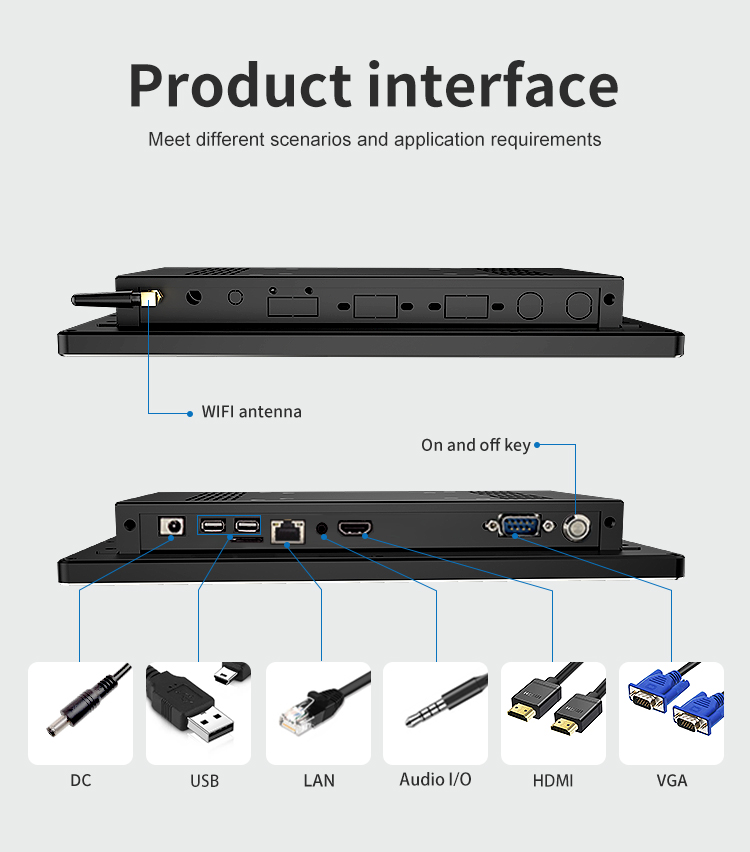 G3A-BS101-WCB Series Industrial Panel PC interface ports – DC, USB, LAN, HDMI, VGA, audio I/O, and WIFI antenna for versatile connectivity