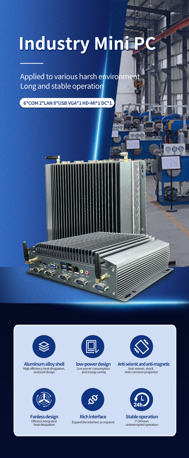 K2 Series Industrial Mini PC – aluminum alloy shell, fanless design, low power consumption, 6 COM ports, 2 LAN ports, 8 USB ports, and 7/24 stable operation for harsh environments K2 Series Industrial Mini PC – aluminum alloy shell, fanless design, low power consumption, 6 COM ports, 2 LAN ports, 8 USB ports, and 7/24 stable operation for harsh environments