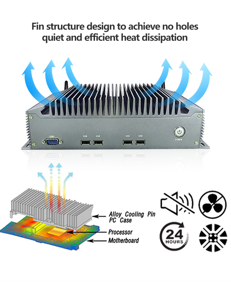 K2 Series Industrial Mini PC fin structure design – fully enclosed aluminum alloy body with silent and efficient heat dissipation for 24/7 operation K2 Series Industrial Mini PC fin structure design – fully enclosed aluminum alloy body with silent and efficient heat dissipation for 24/7 operation