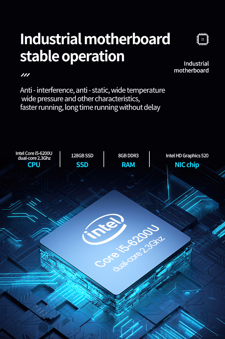 K2 Series Industrial Mini PC with industrial motherboard Intel Core i5-6200U – 8GB DDR3 RAM, 128GB SSD, anti-static and wide temperature for long-term stable performance K2 Series Industrial Mini PC with industrial motherboard Intel Core i5-6200U – 8GB DDR3 RAM, 128GB SSD, anti-static and wide temperature for long-term stable performance