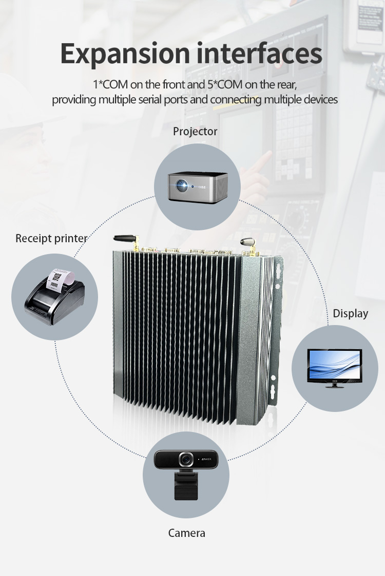 K2 Series Industrial Mini PC expansion interfaces – 1 COM port on front and 5 COM ports on rear for connecting projectors, printers, displays, and cameras K2 Series Industrial Mini PC expansion interfaces – 1 COM port on front and 5 COM ports on rear for connecting projectors, printers, displays, and cameras