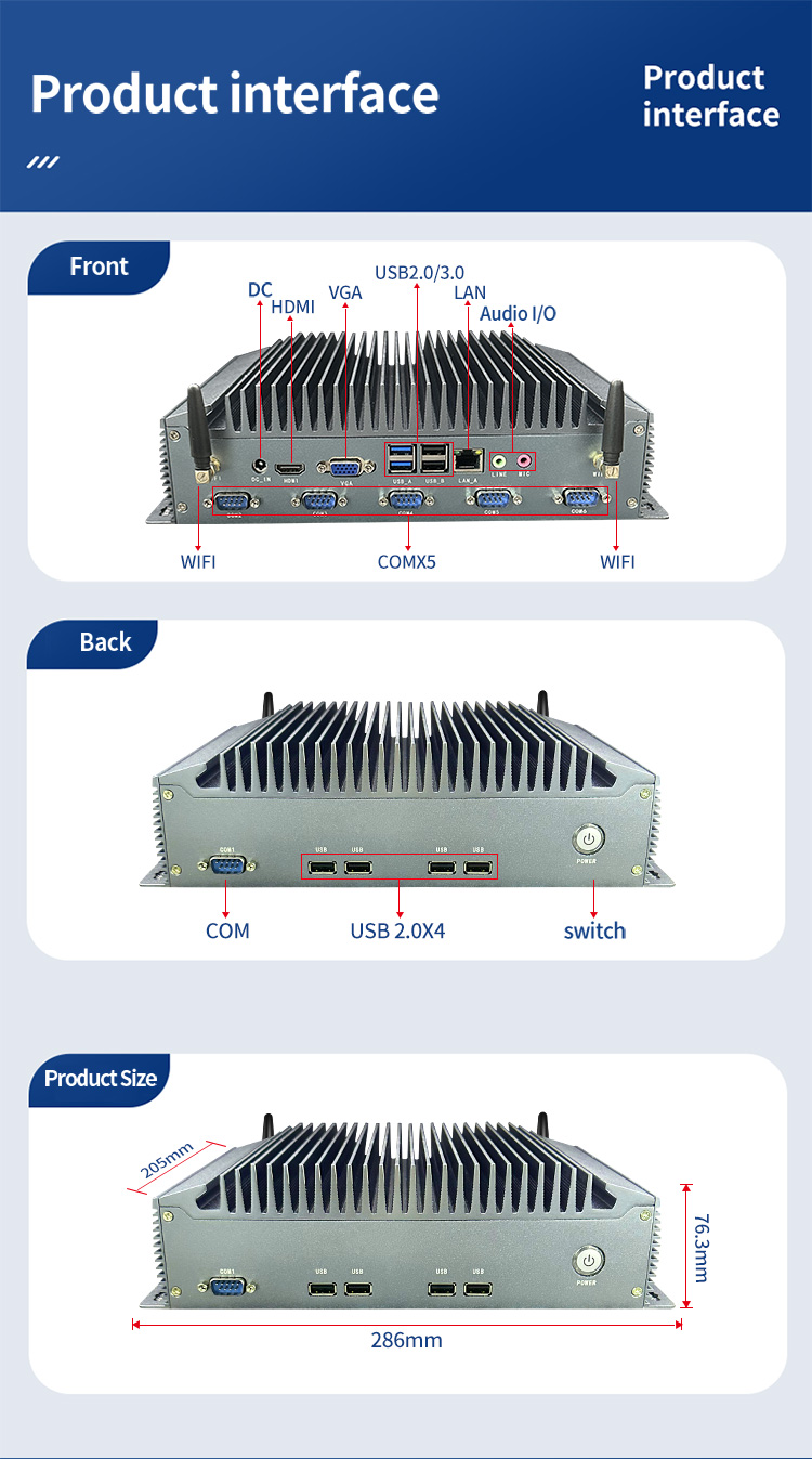 K2 Series Industrial Mini PC product interface and dimensions – front ports include DC, HDMI, VGA, USB, LAN, audio; rear ports include COM and USB 2.0; product size 286mm x 205mm x 76.3mm K2 Series Industrial Mini PC product interface and dimensions – front ports include DC, HDMI, VGA, USB, LAN, audio; rear ports include COM and USB 2.0; product size 286mm x 205mm x 76.3mm