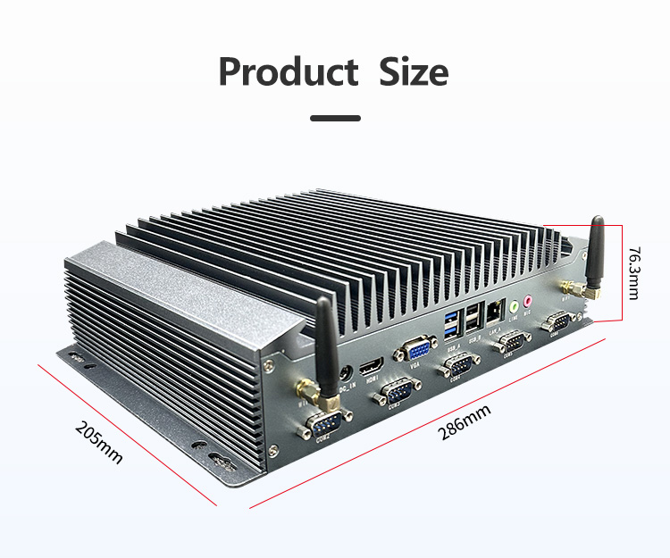 K2 Series Industrial Mini PC product dimensions – 286mm in length, 205mm in width, 76.3mm in height for space-efficient installation K2 Series Industrial Mini PC product dimensions – 286mm in length, 205mm in width, 76.3mm in height for space-efficient installation