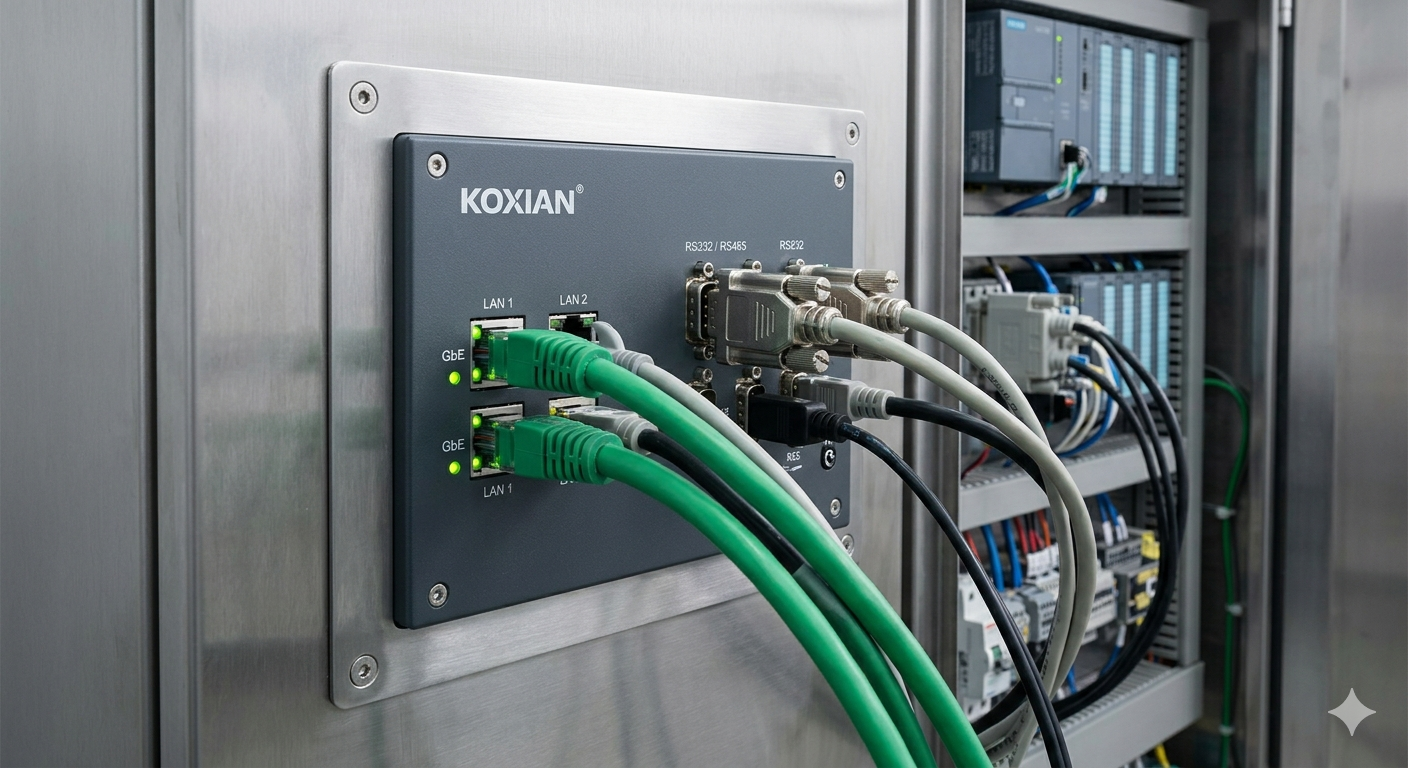 KOXIAN industrial panel PC rear I/O showing stable Gigabit Ethernet and serial RS232 RS485 connections.