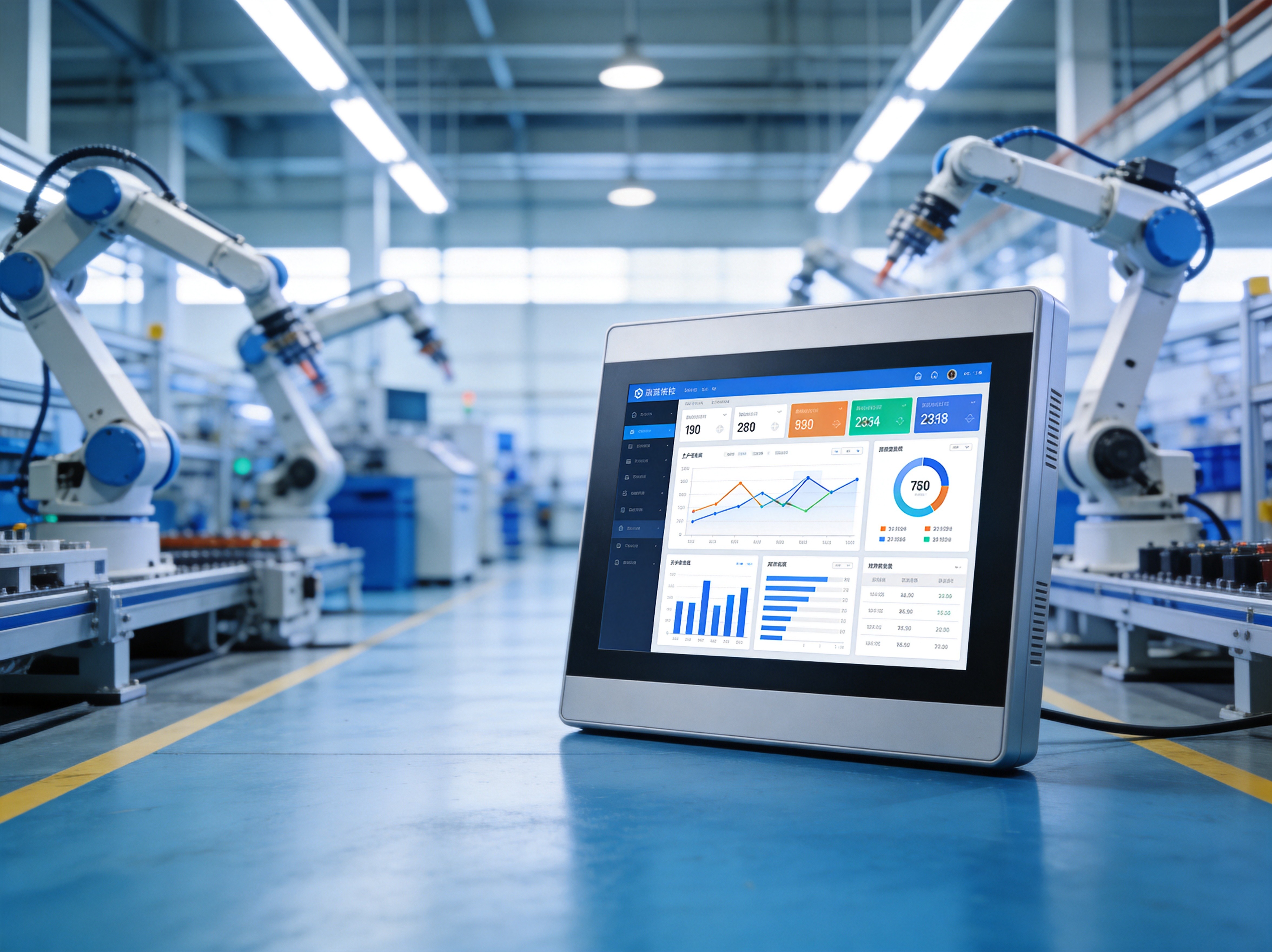Edge computing dashboard on industrial panel PC showing real-time production data