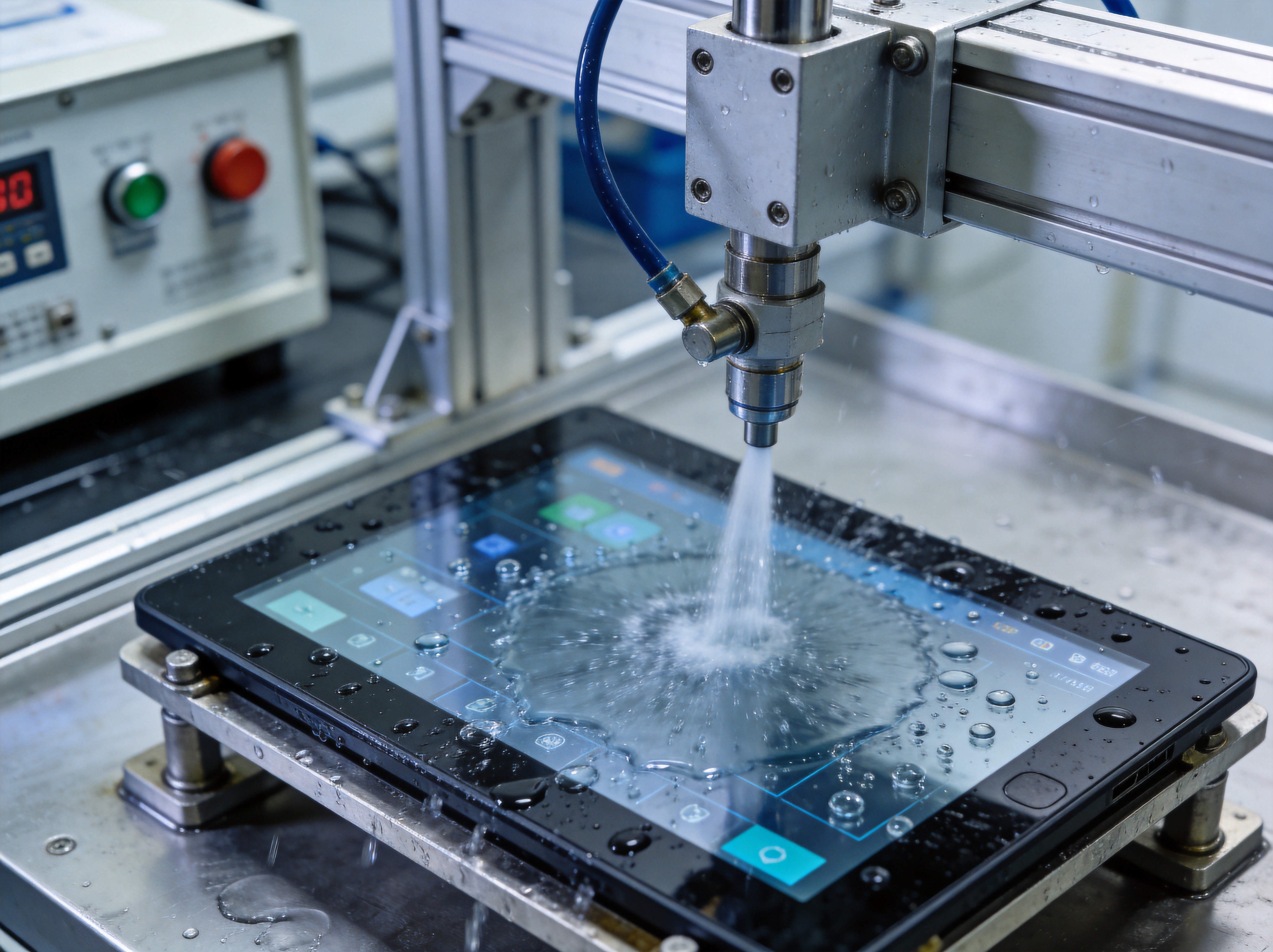 IP65 waterproof industrial touch screen being tested with water spray
