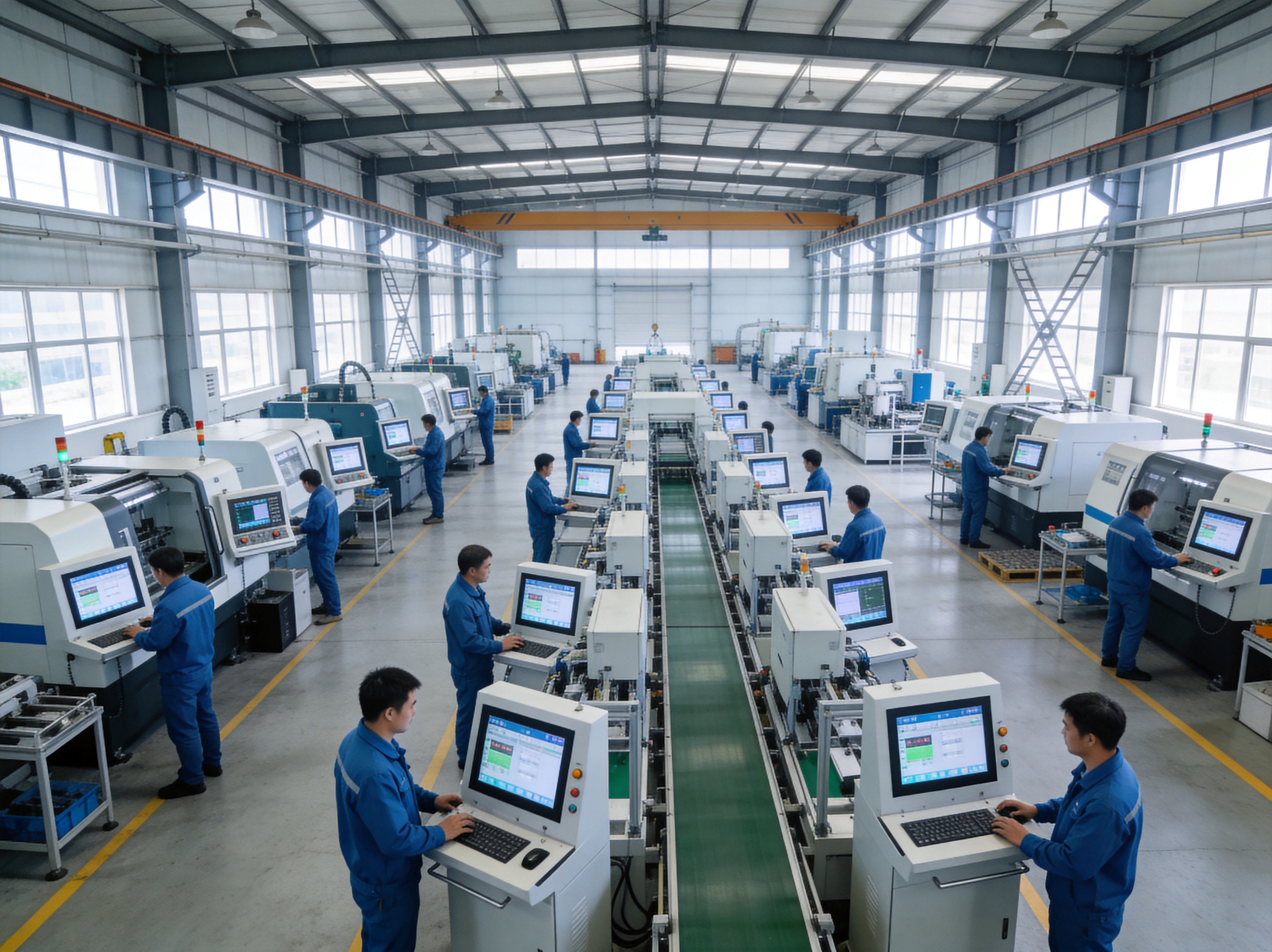 Smart manufacturing production line with industrial panel PCs at workstations