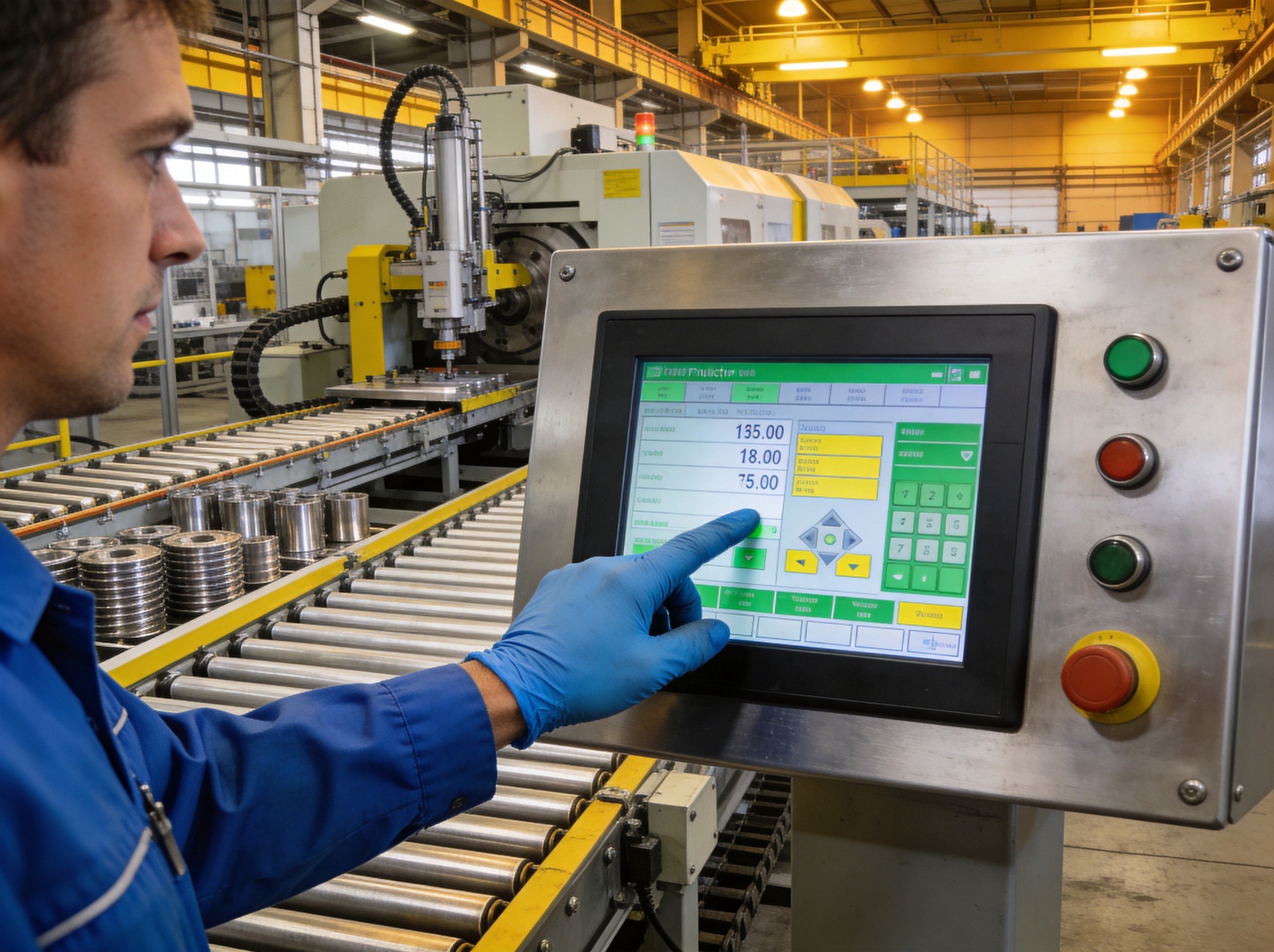 factory worker using industrial touch panel