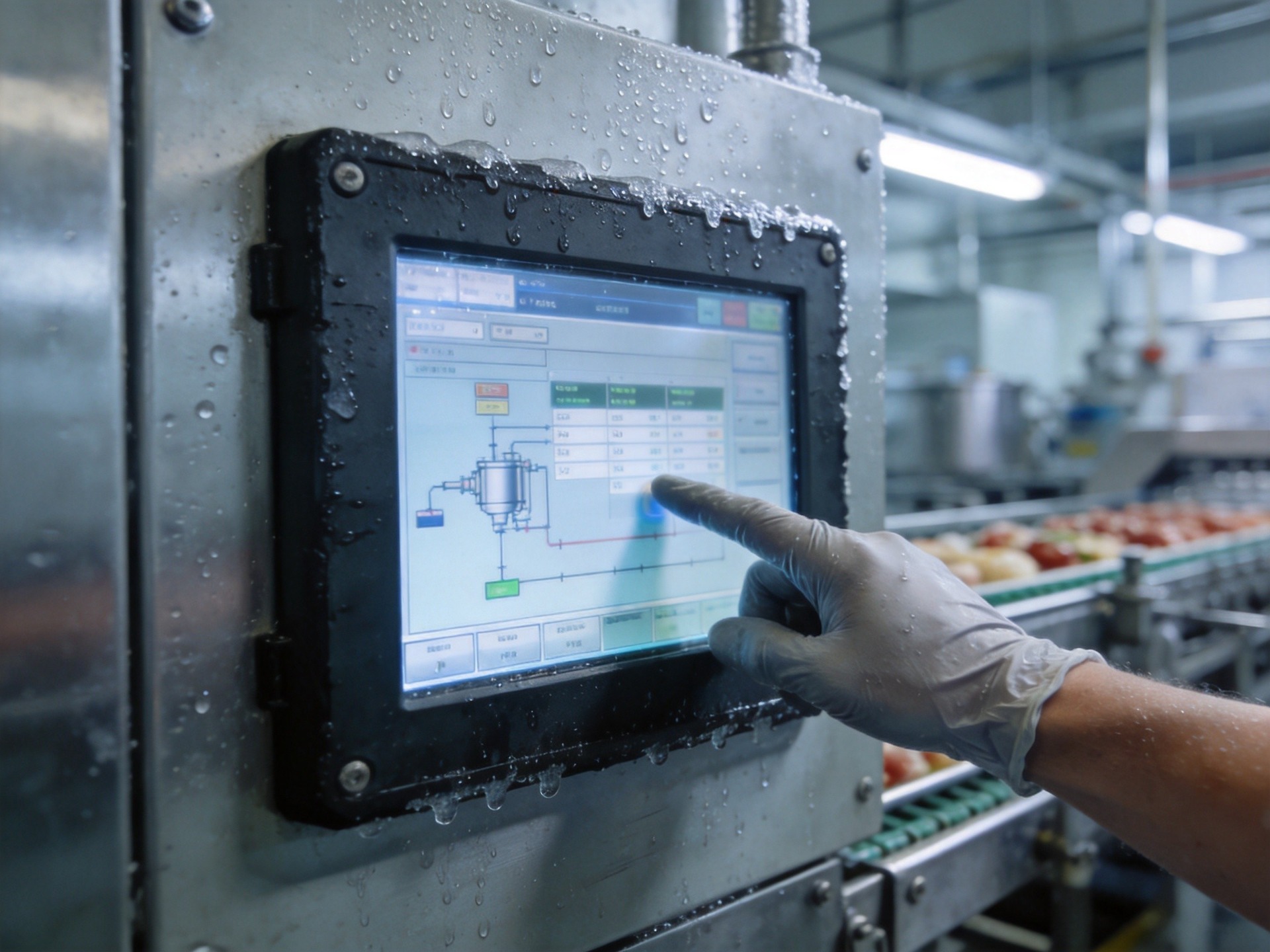 industrial touch screen showing condensation in cold food processing facility
