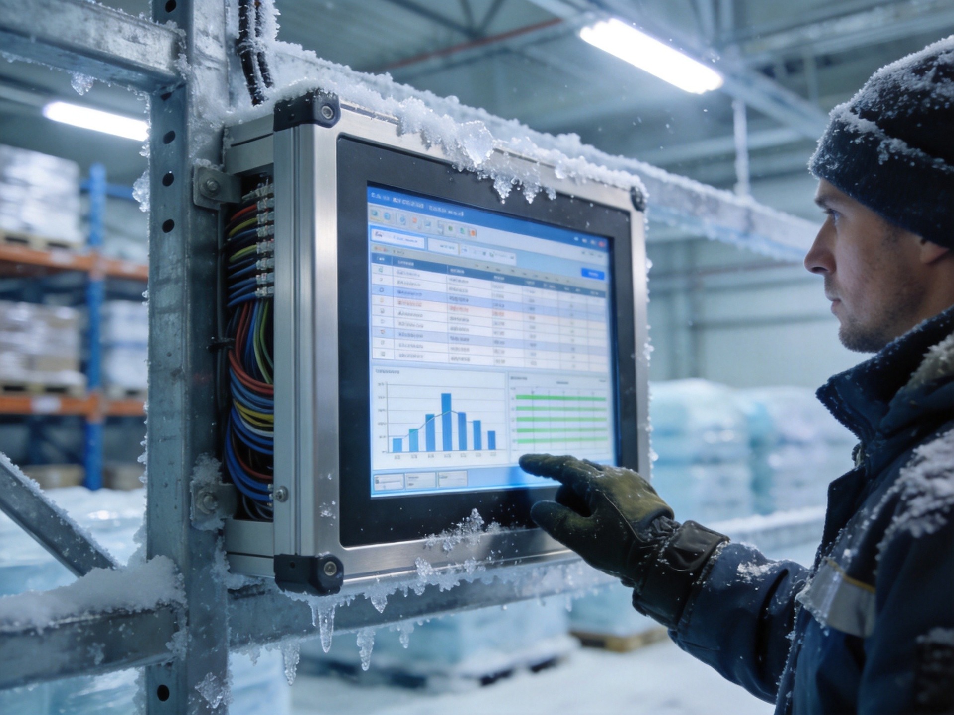 technician operating wall-mounted industrial touch monitor in freezer logistics facility