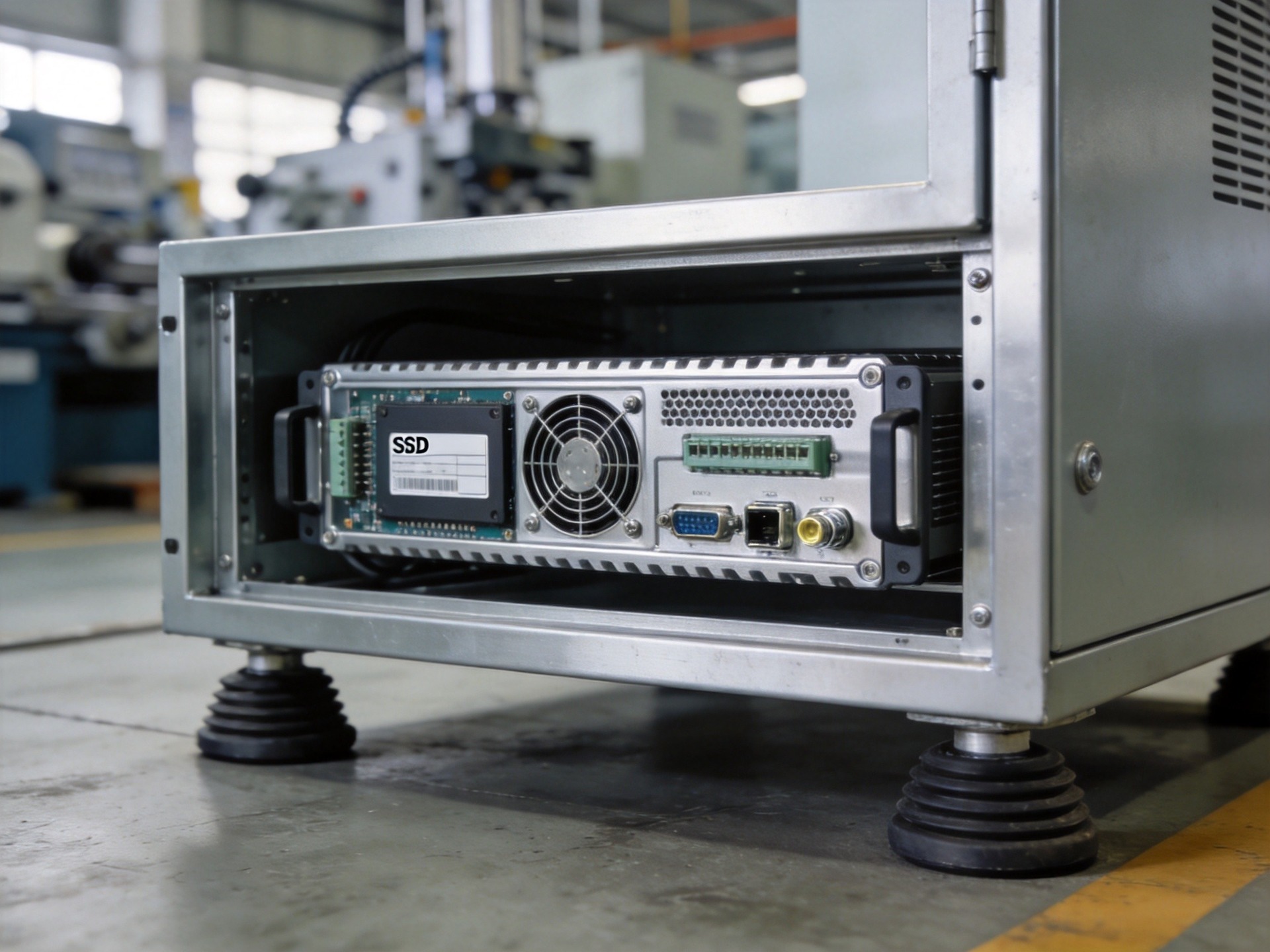 fanless industrial computer in sealed aluminum chassis inside control cabinet with anti-vibration mounts