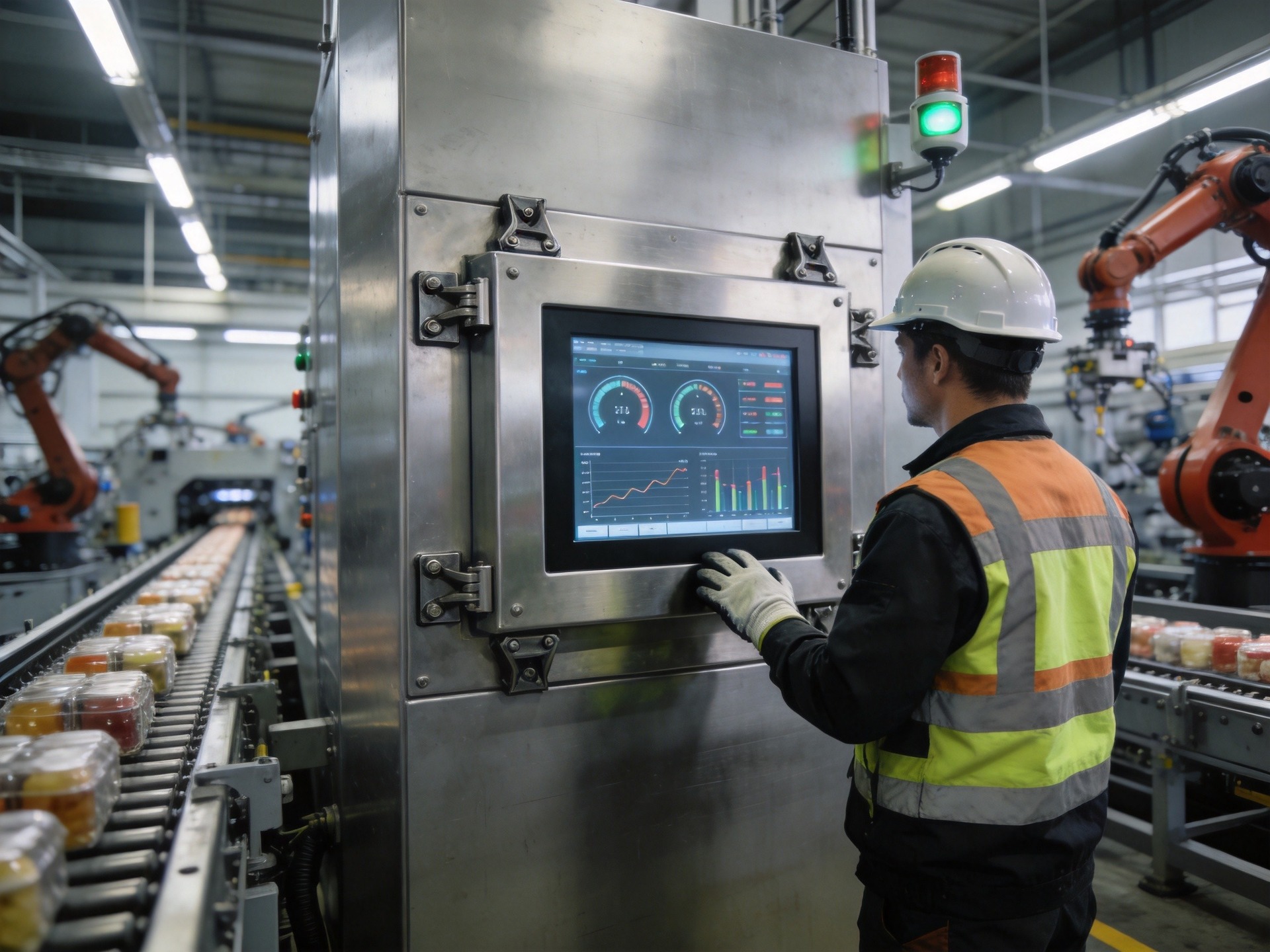 industrial touchscreen monitor in stainless steel enclosure with reinforced mounting on production line