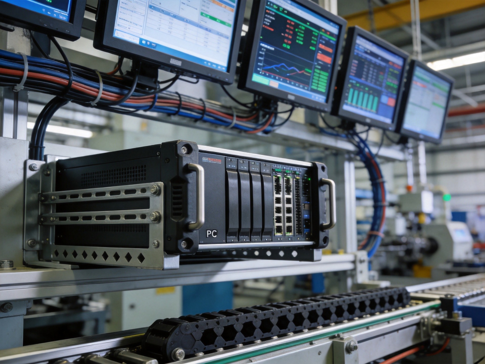 rack-mounted industrial PCs with shock-absorbing rails and multiple displays in manufacturing facility
