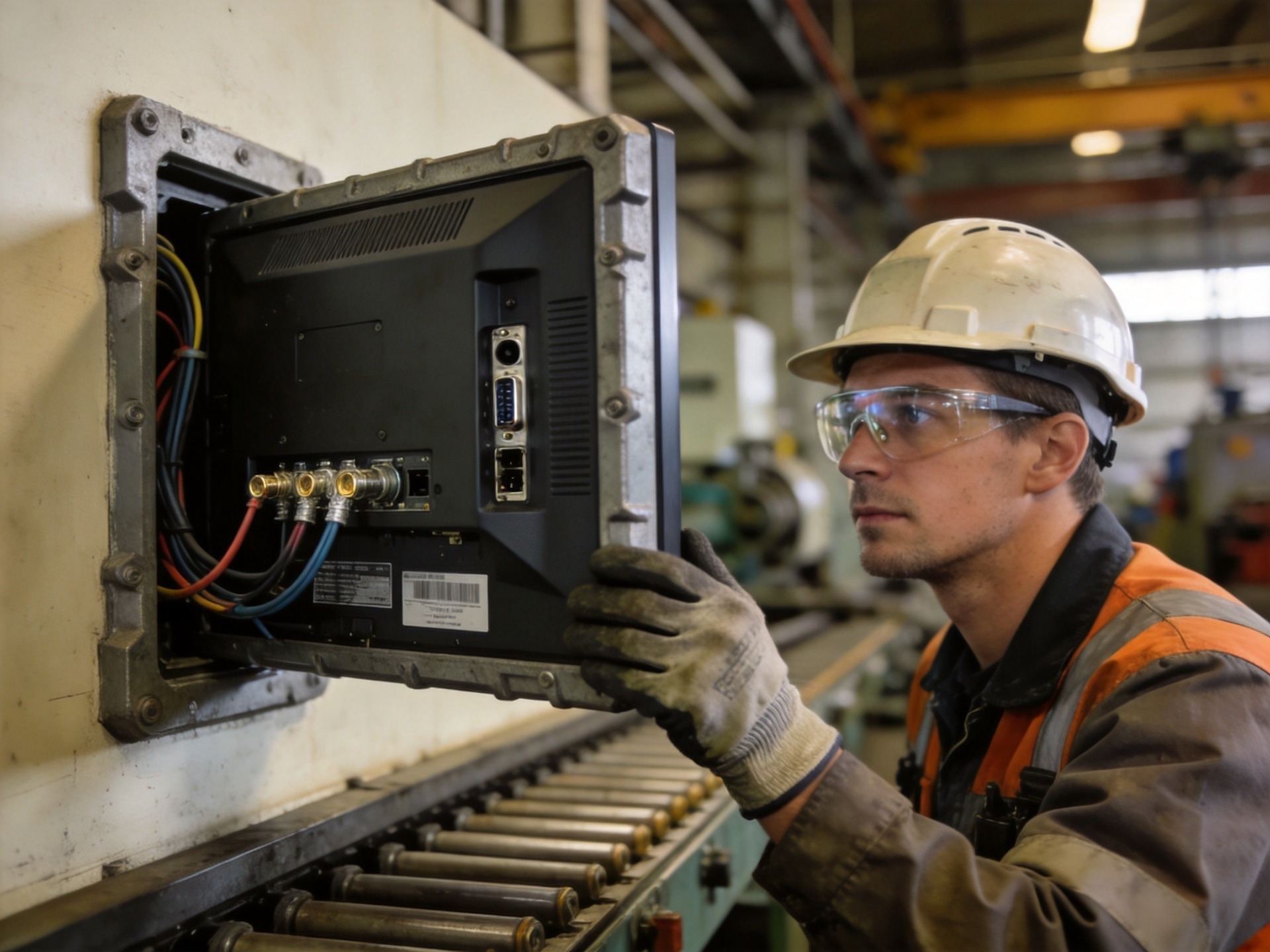 technician inspecting cable connections on back of industrial monitor in factory