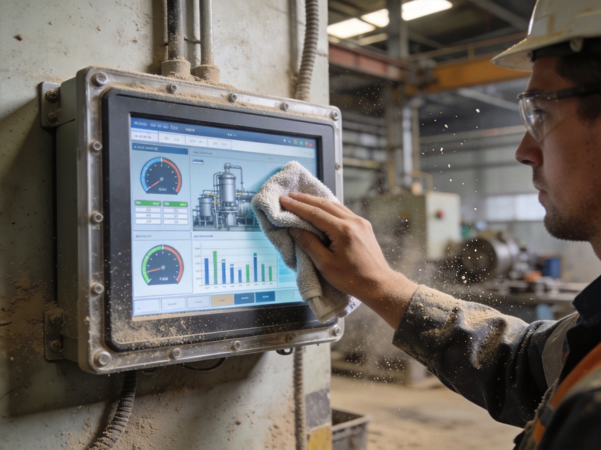 worker cleaning industrial monitor screen with microfiber cloth in dusty factory