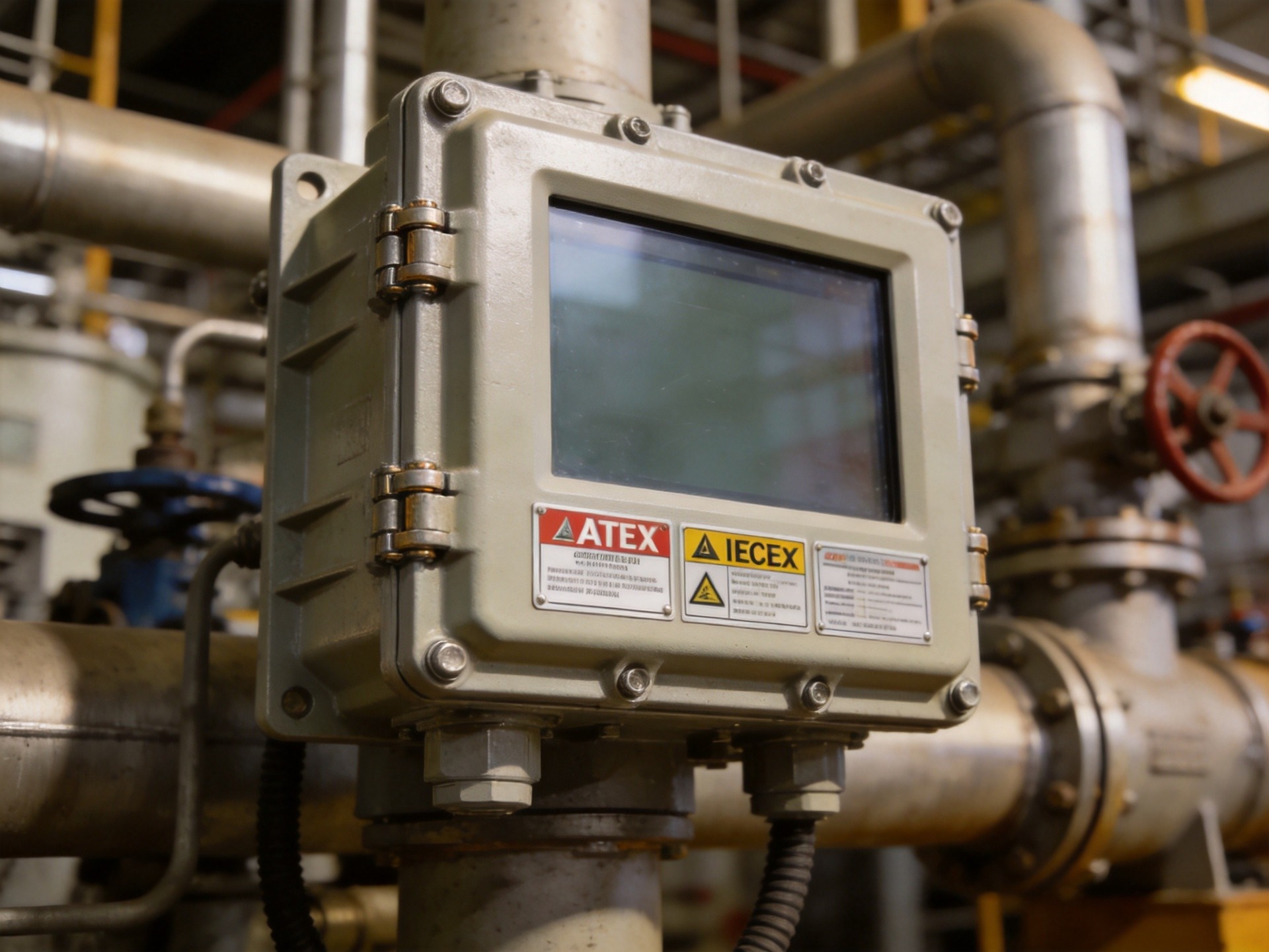 close-up of explosion-proof industrial touchscreen with ATEX IECEx certification labels