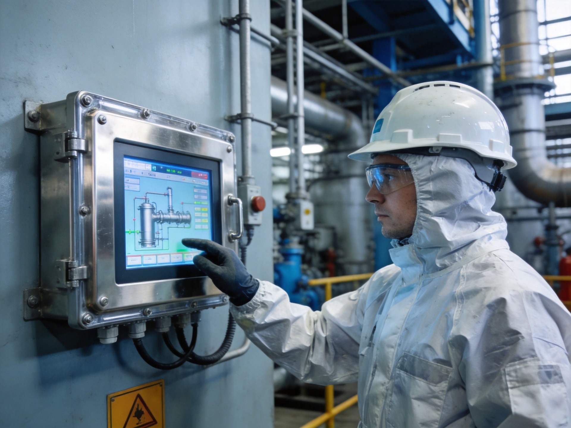 operator in chemical protective suit using explosion-proof industrial touch panel in refinery