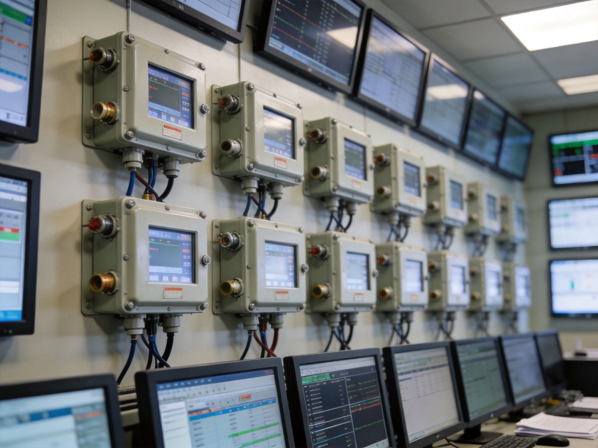 multiple explosion-proof industrial display panels in chemical plant control room