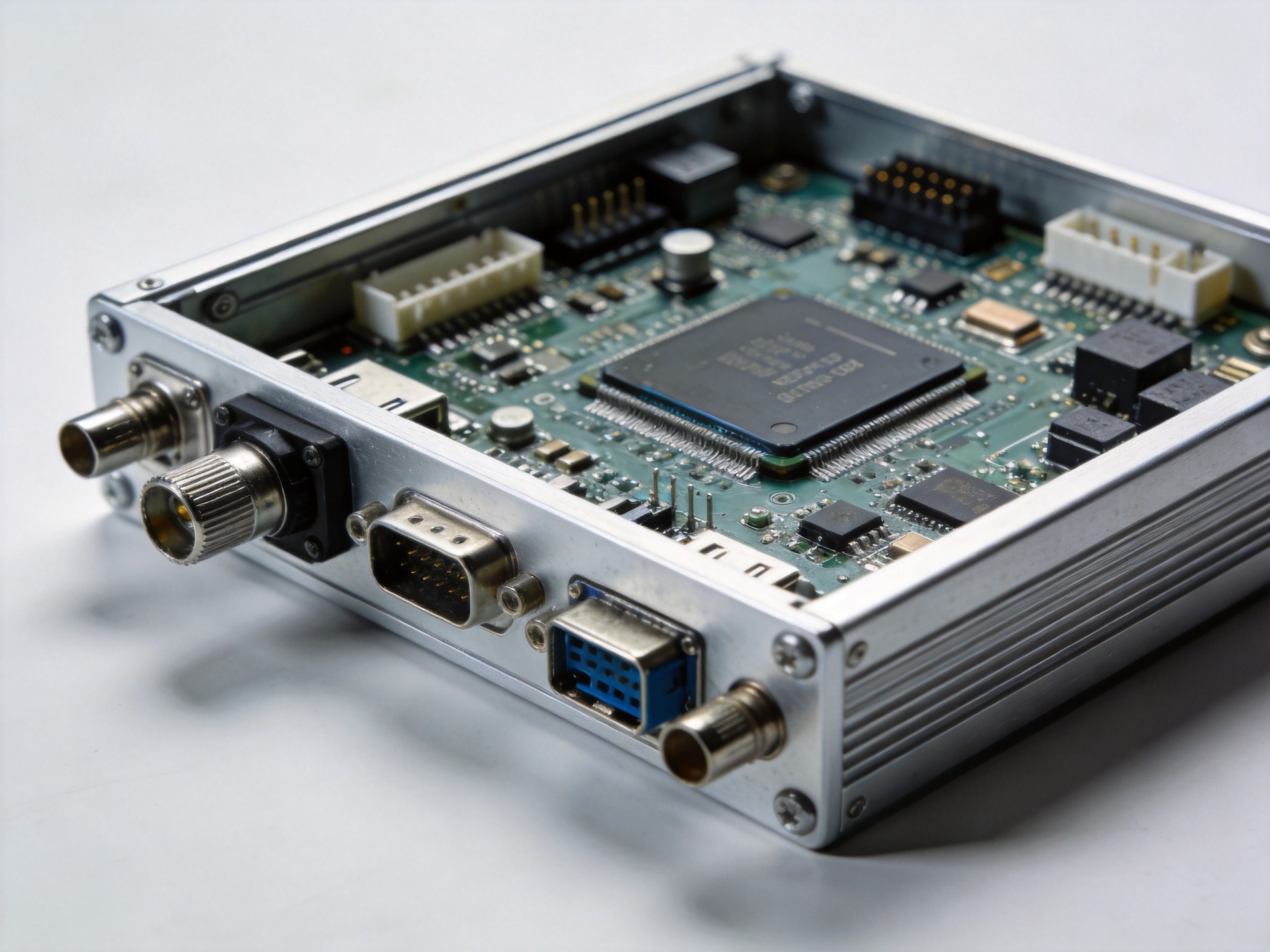 close-up of embedded industrial computer motherboard with reinforced components and conformal coating
