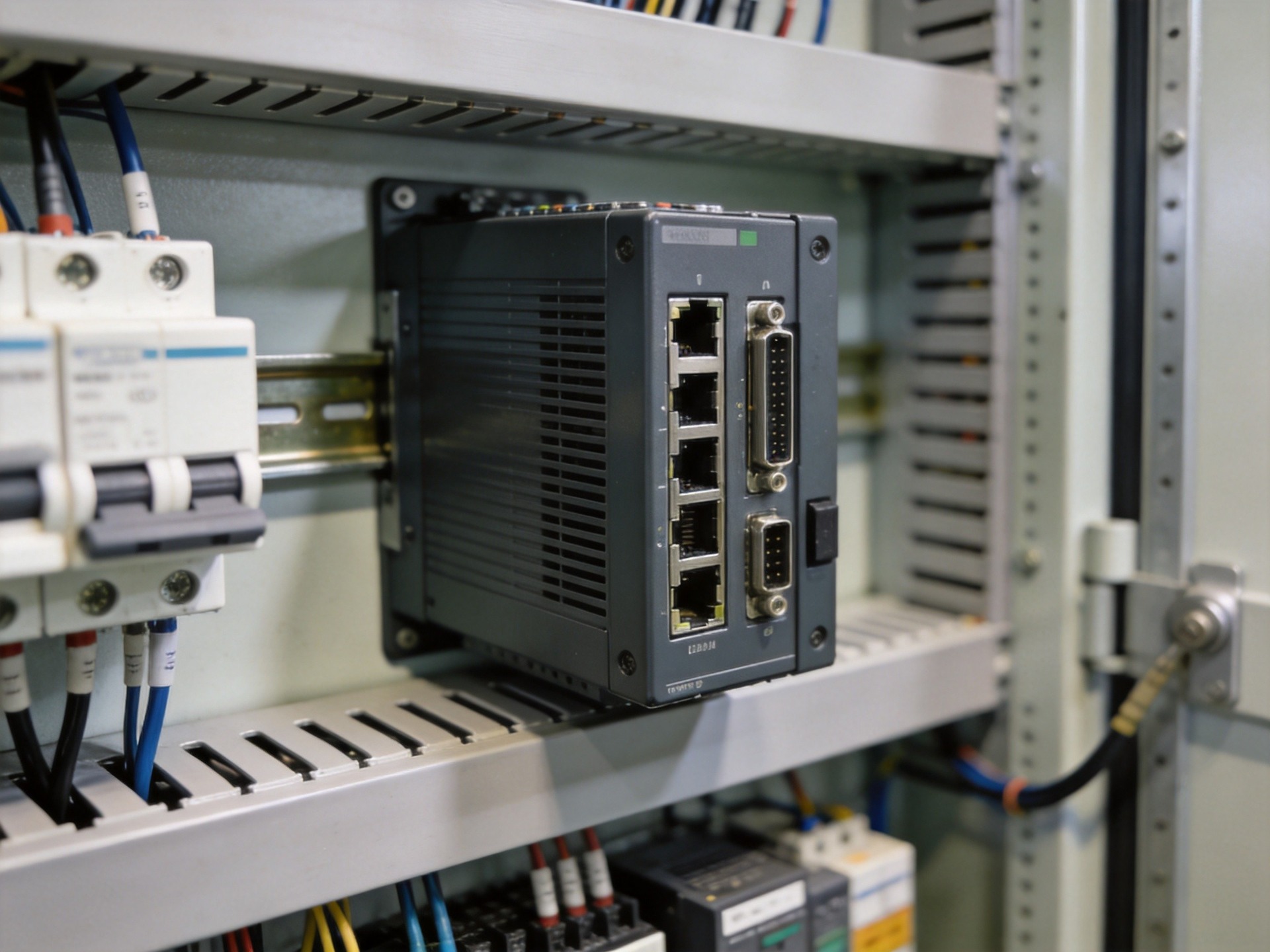 industrial embedded computer mounted on DIN rail inside factory control cabinet