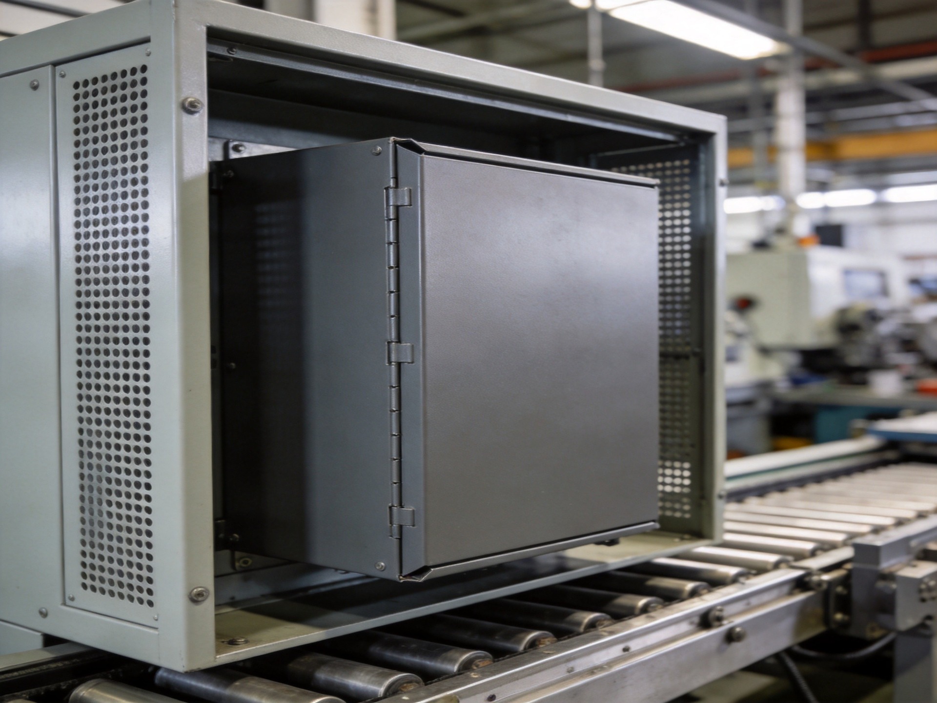 Sheet metal industrial computer enclosure on production line with powder-coated finish