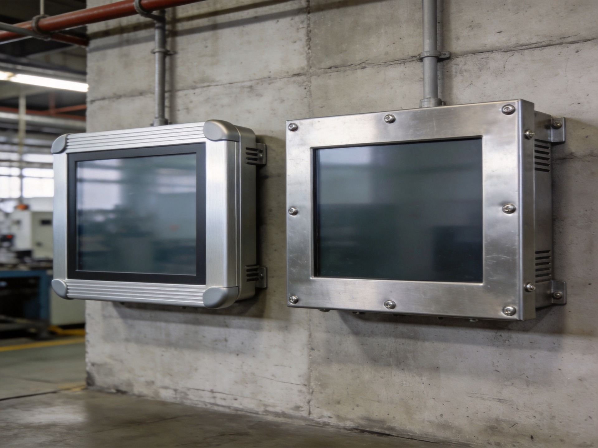 Rugged industrial display with aluminum alloy enclosure in harsh chemical plant environment