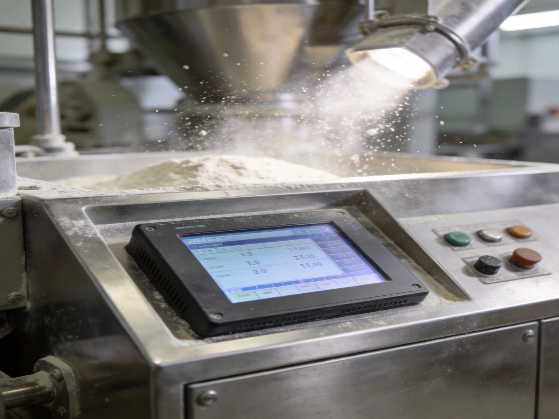 Fanless industrial touchscreen computer in flour mill with dust particles but sealed unit unaffected