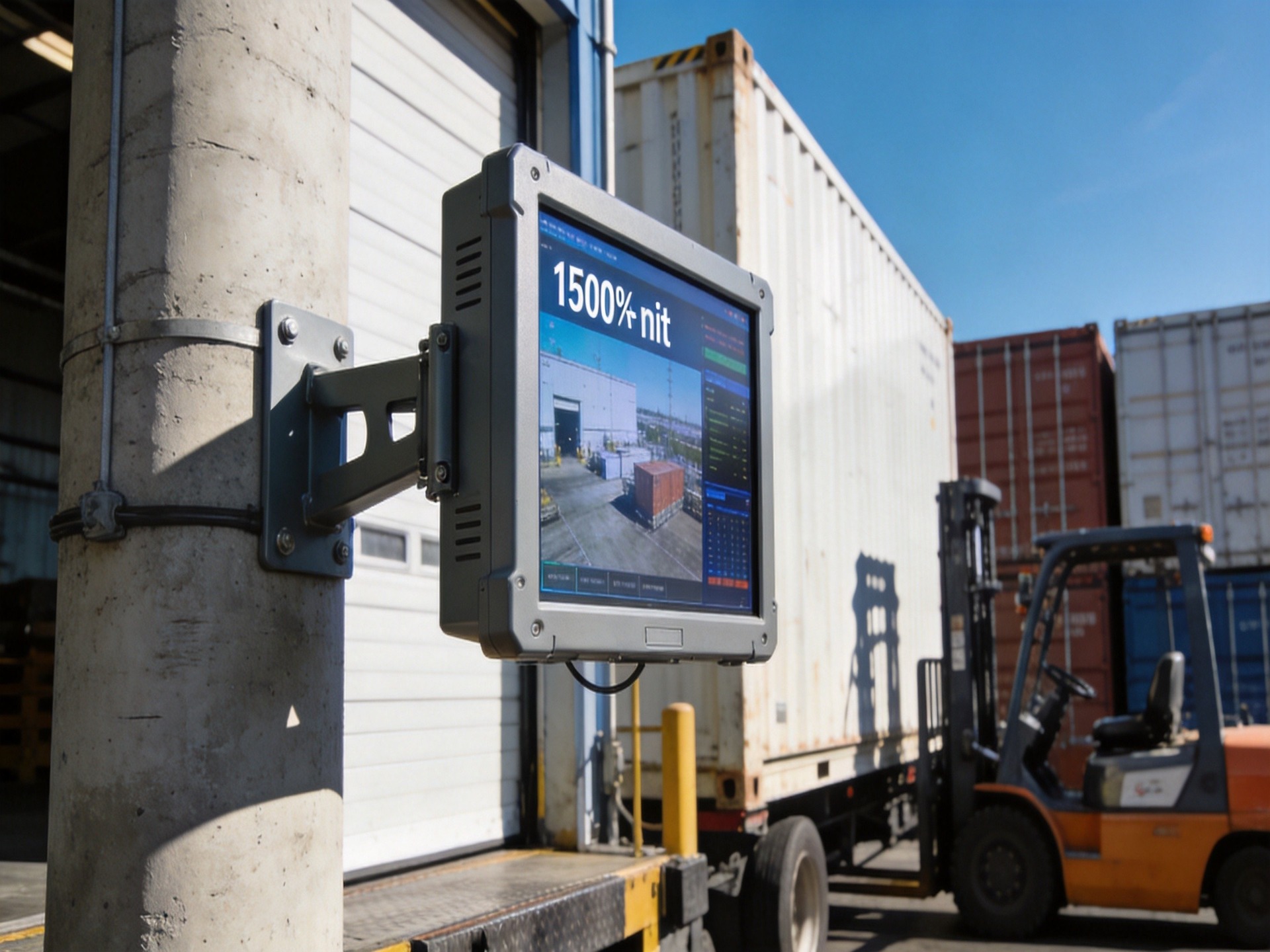 Industrial monitor with anti-glare coating at outdoor petroleum refinery in high ambient light