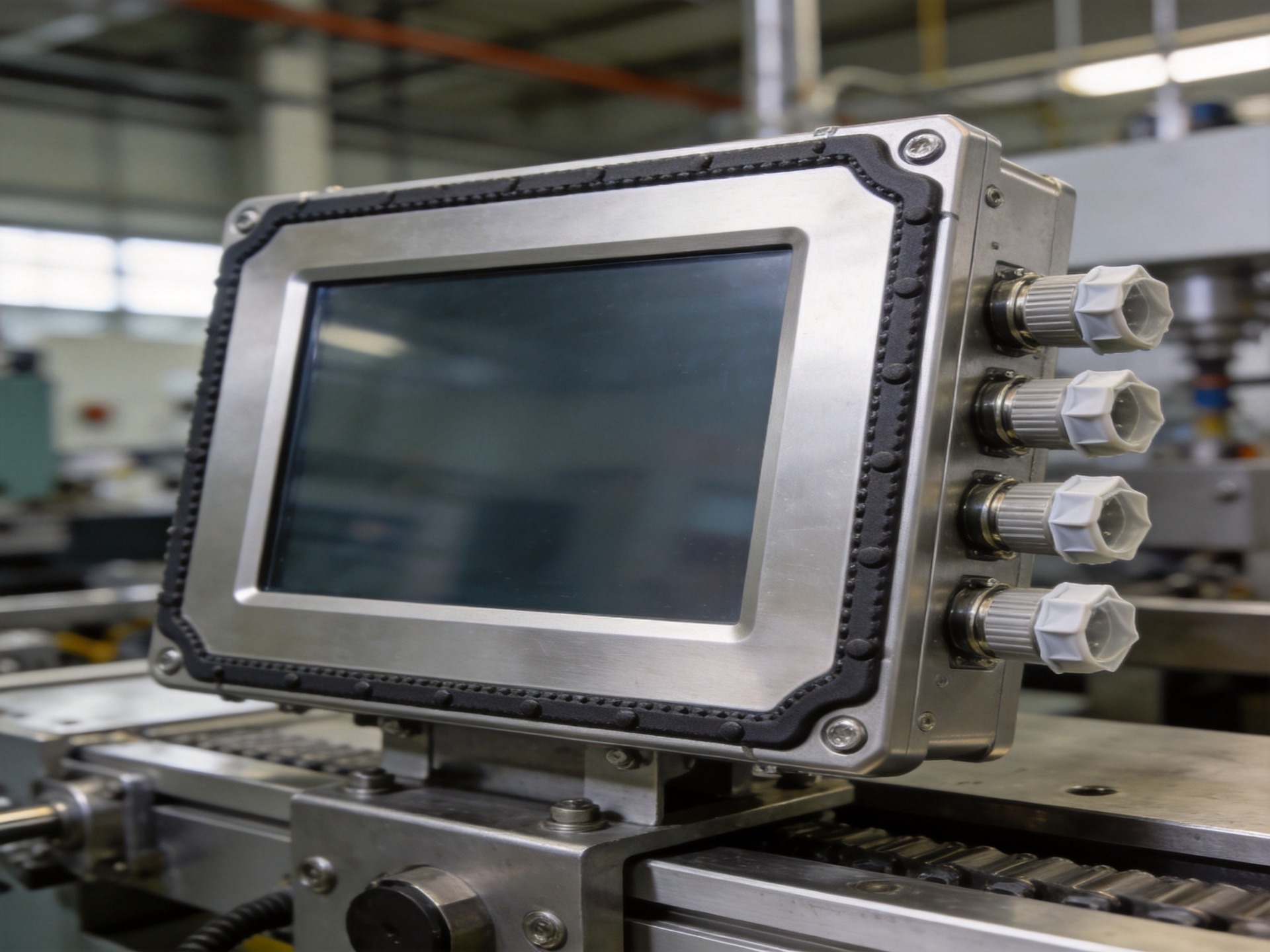 Dust-proof industrial touchscreen display operating in cement factory with airborne particles