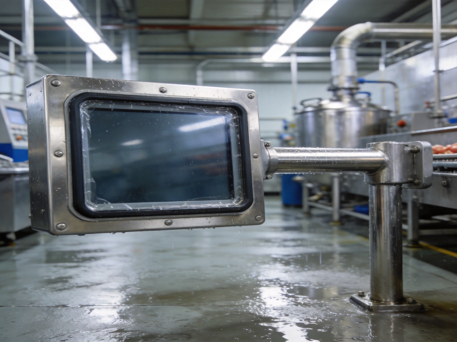 IP65-rated industrial panel PC with gasket seals and protected connectors mounted on production machine