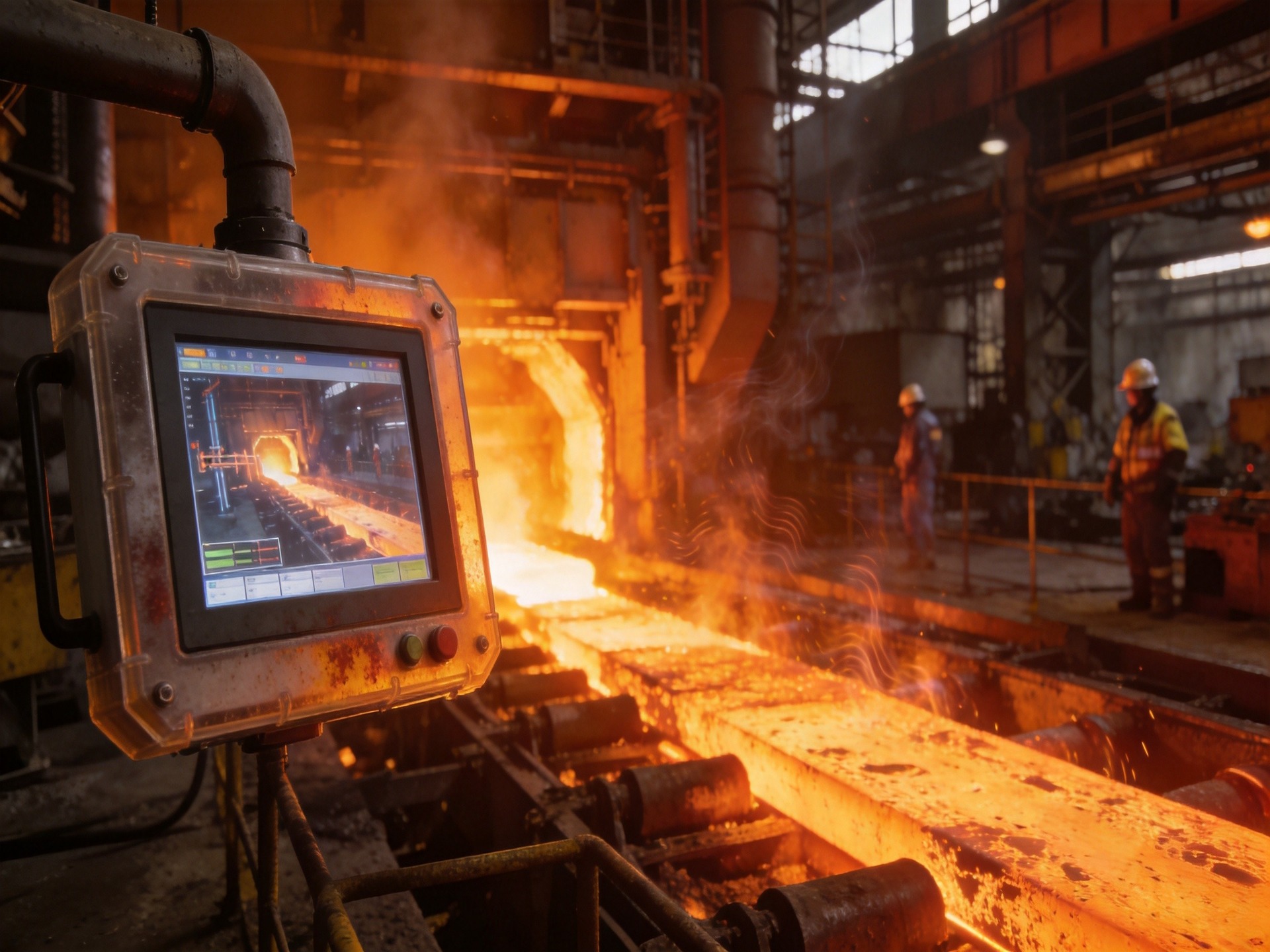 Wide-temperature industrial touchscreen mounted on control arm near steel mill furnaces