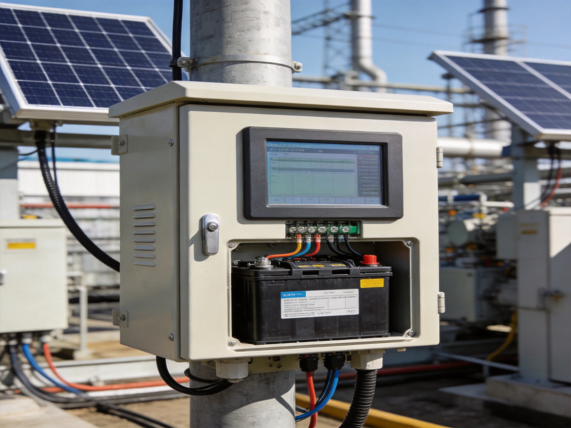 Wide-voltage industrial monitor in solar-powered remote monitoring station with battery backup