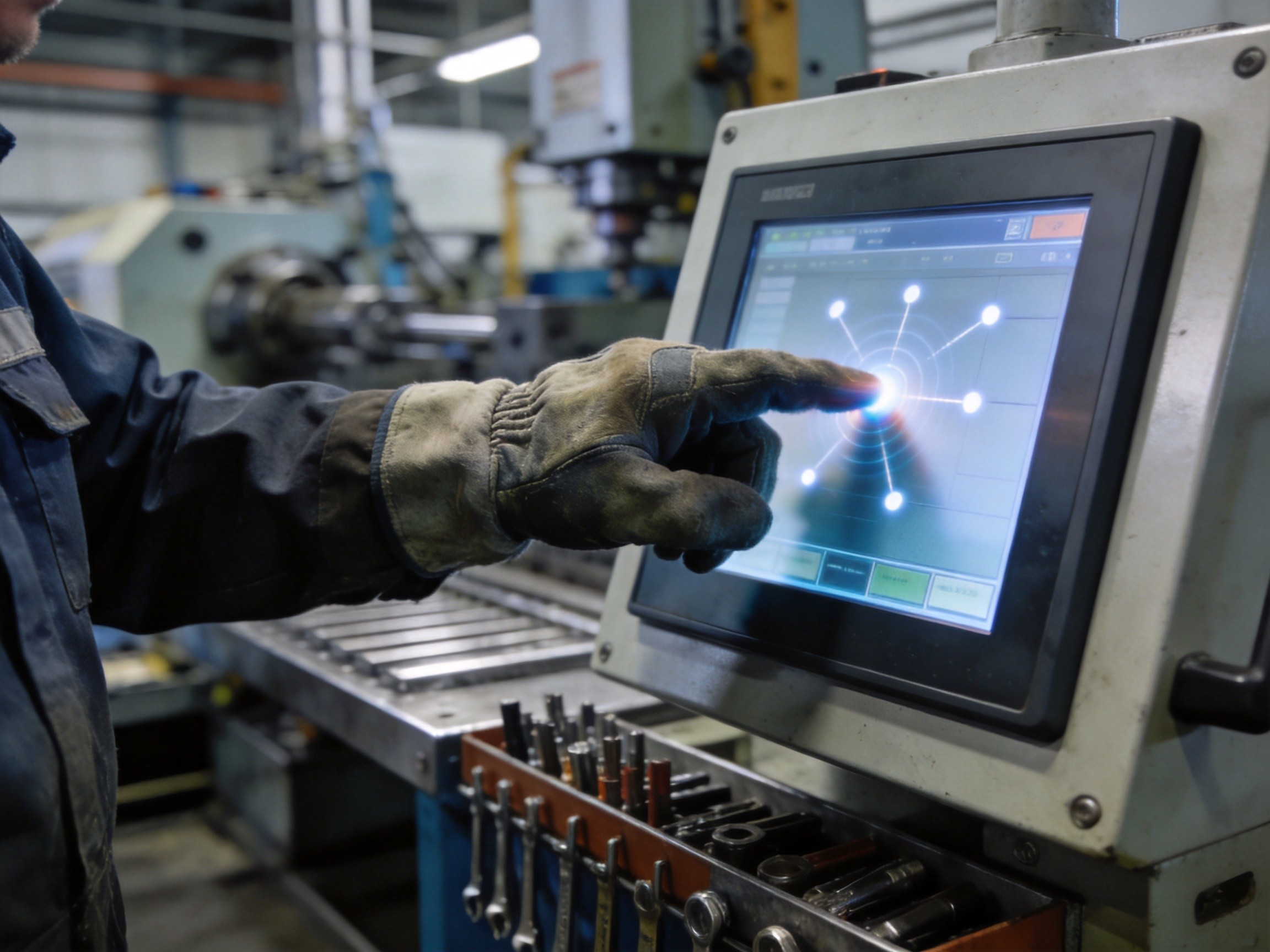 Industrial panel PC with resistive touchscreen operated by gloved factory worker demonstrating pressure-based touch activation