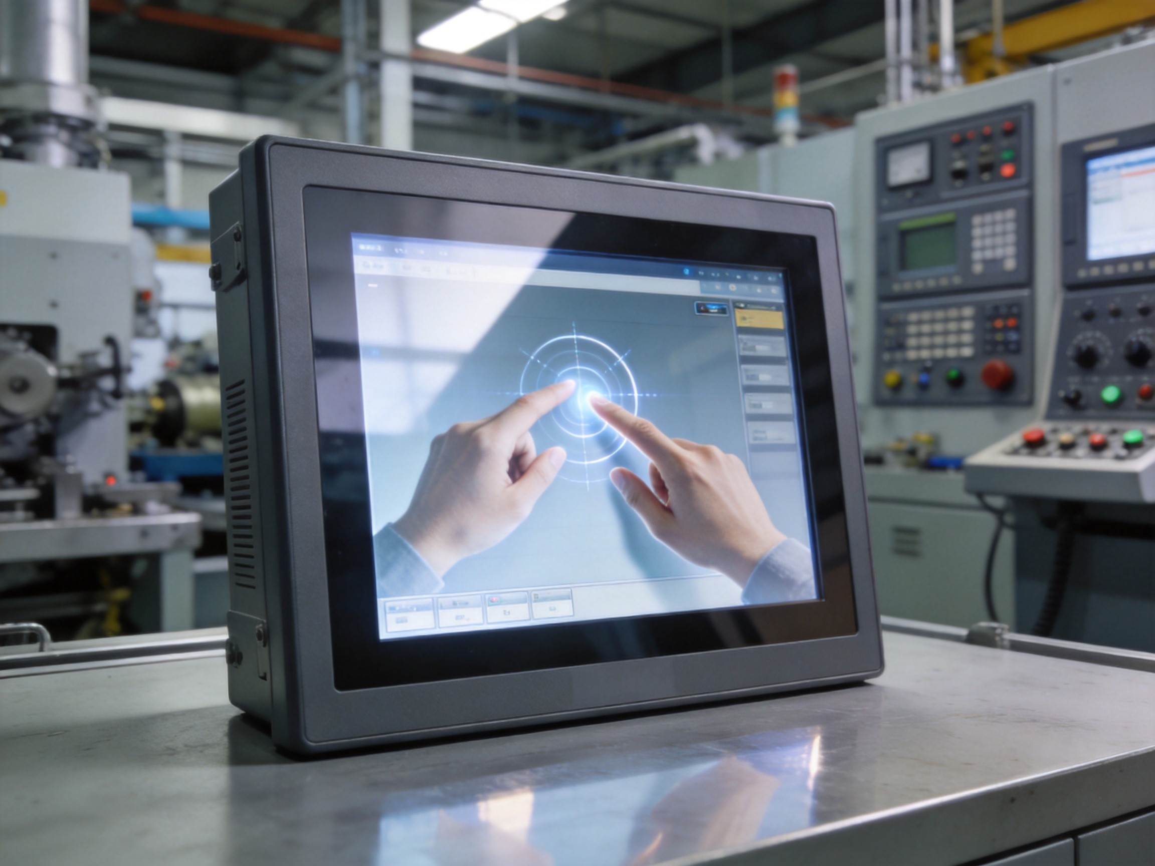 Industrial panel PC with projected capacitive touchscreen demonstrating multi-touch gesture capability with bright high-contrast display