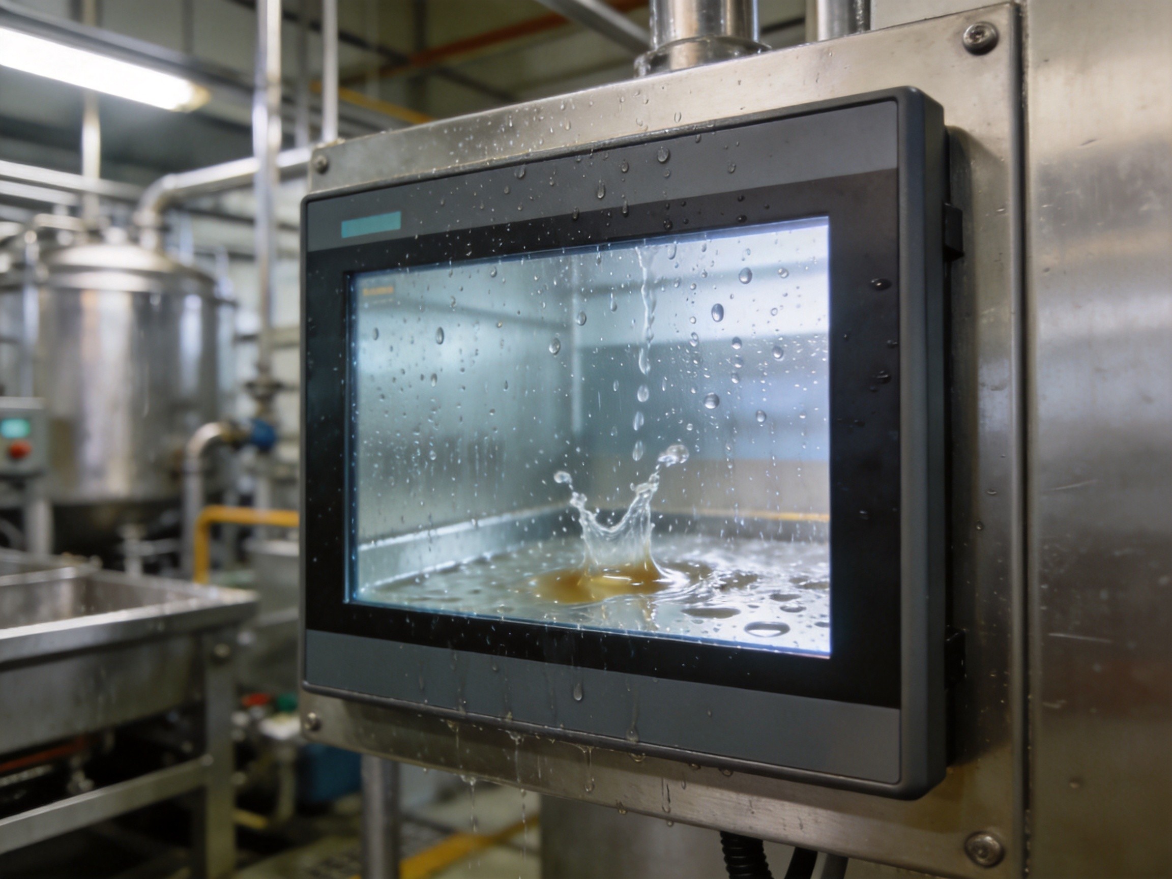Industrial panel PC with touchscreen in a food processing or chemical plant environment showing resistance to water droplets and liquid splashes