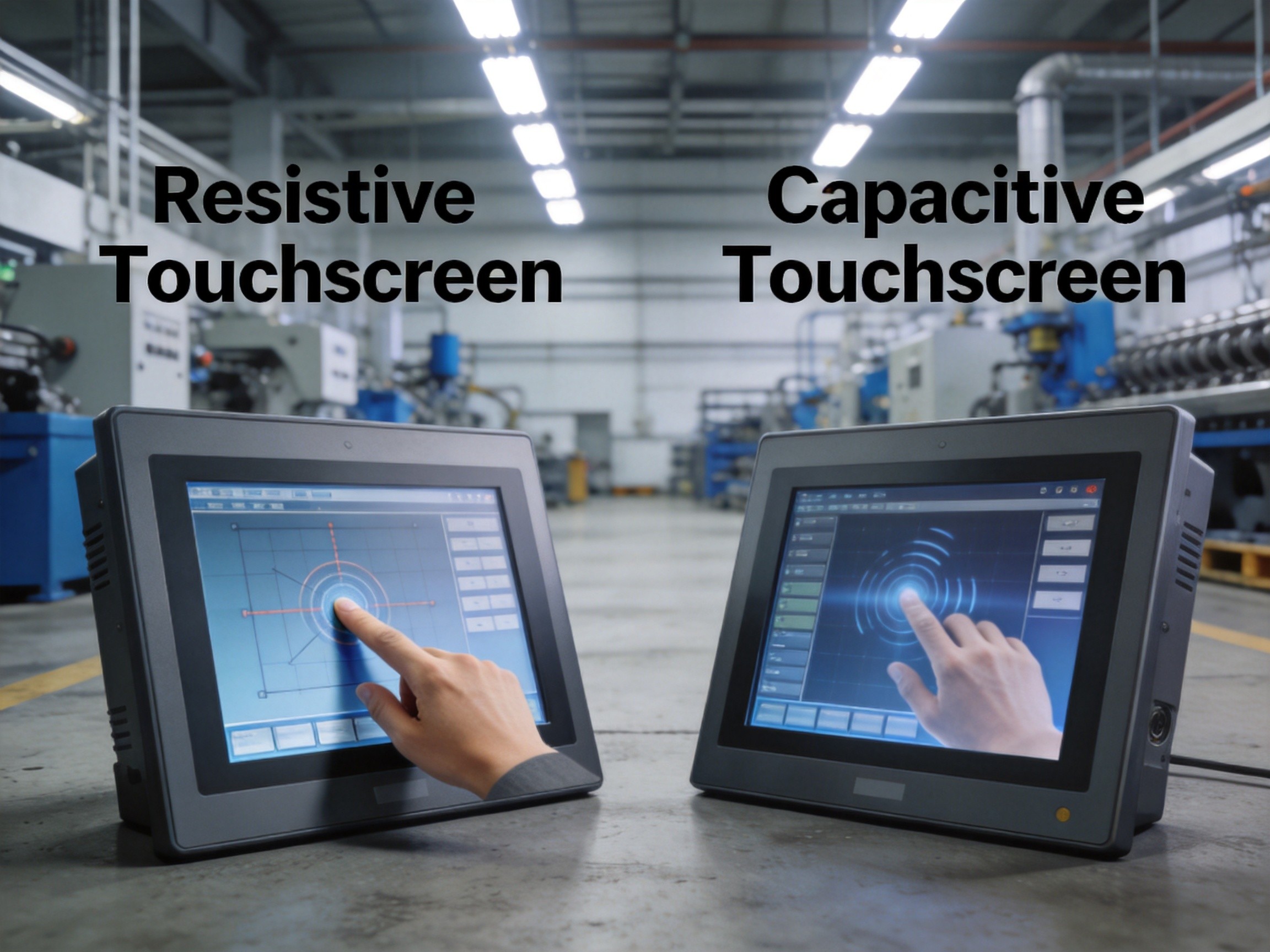 Two industrial panel PCs with different touch technologies side by side in a factory for comparison and selection evaluation
